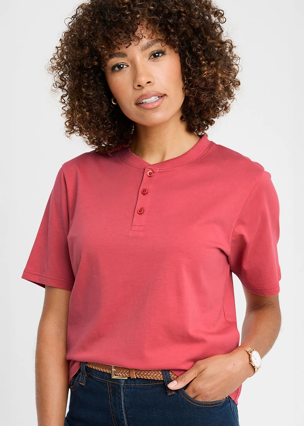 Cotton Traders Deep Coral Grandad T-Shirt - M Image 1