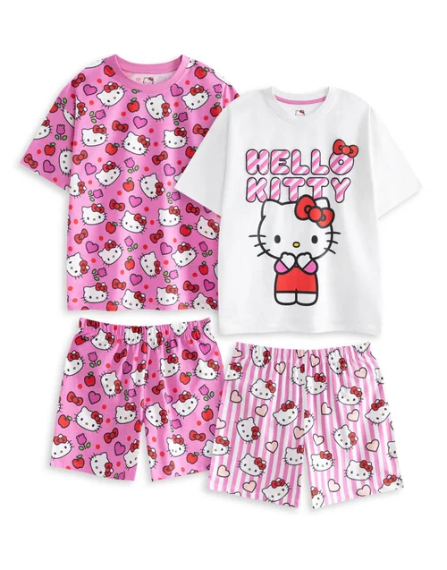 Vanilla Underground Hello Kitty Girls Pink Hearts & Bows Multi-Pack Of 2 Short Sleeve & Leg Pyjama Set (3-14 Years) - 11-12 Yrs Image 1