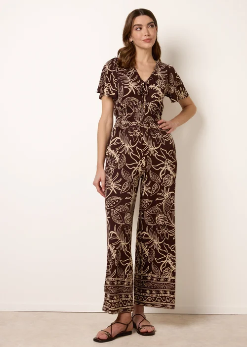 Blue Vanilla Brown Tropical Print Shirred Waist Elasticated Round Neck Jumpsuit - S Image 3