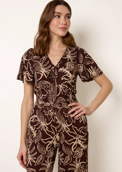Blue Vanilla Brown Tropical Print Shirred Waist Elasticated Round Neck Jumpsuit - S Image 2