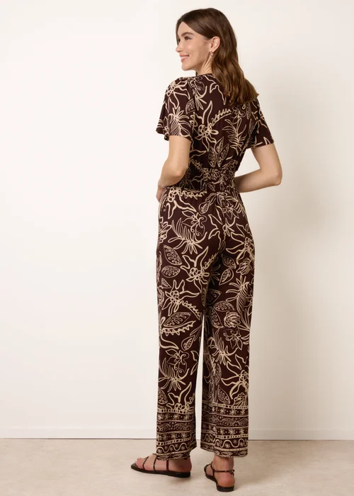 Blue Vanilla Brown Tropical Print Shirred Waist Elasticated Round Neck Jumpsuit - S Image 4