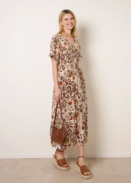 Blue Vanilla Brown Printed Drawstring Waist Midi Dress - L Image 1
