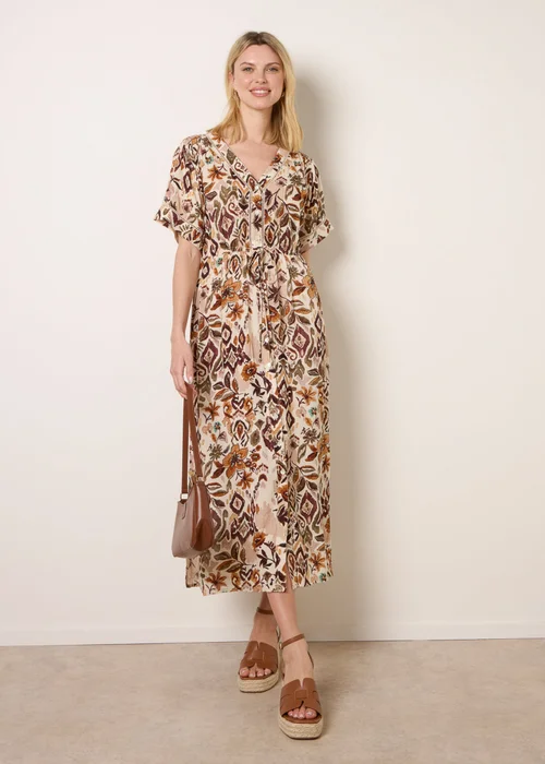 Blue Vanilla Brown Printed Drawstring Waist Midi Dress - L Image 2