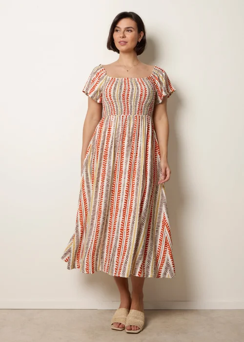 Blue Vanilla Orange Short Sleeve Shirred Waist Abstract Print Dress - M Image 2