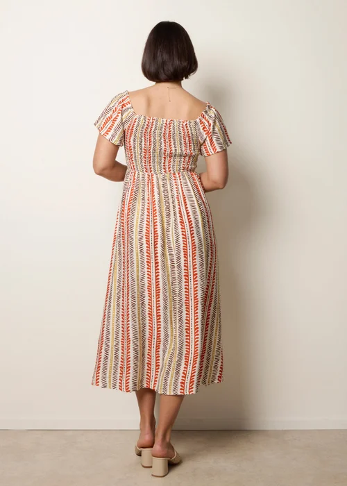 Blue Vanilla Orange Short Sleeve Shirred Waist Abstract Print Dress - M Image 4