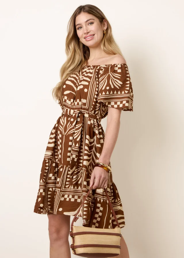 Blue Vanilla Brown Bardot Off The Shoulder Dress
