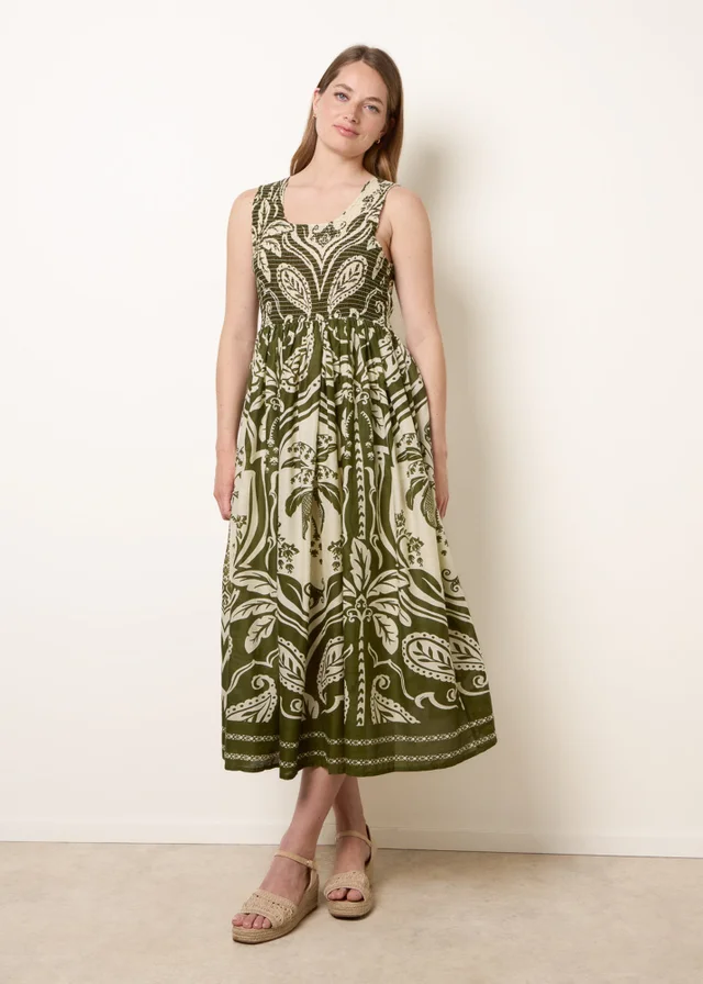 Blue Vanilla Khaki Sleeveless Shirred Dress