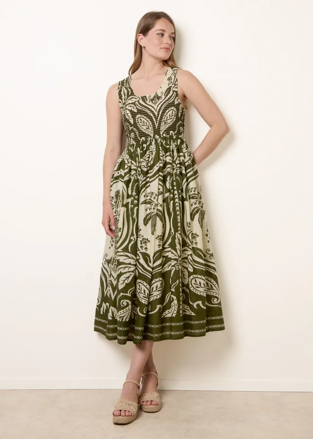 Blue Vanilla Khaki Sleeveless Shirred Dress