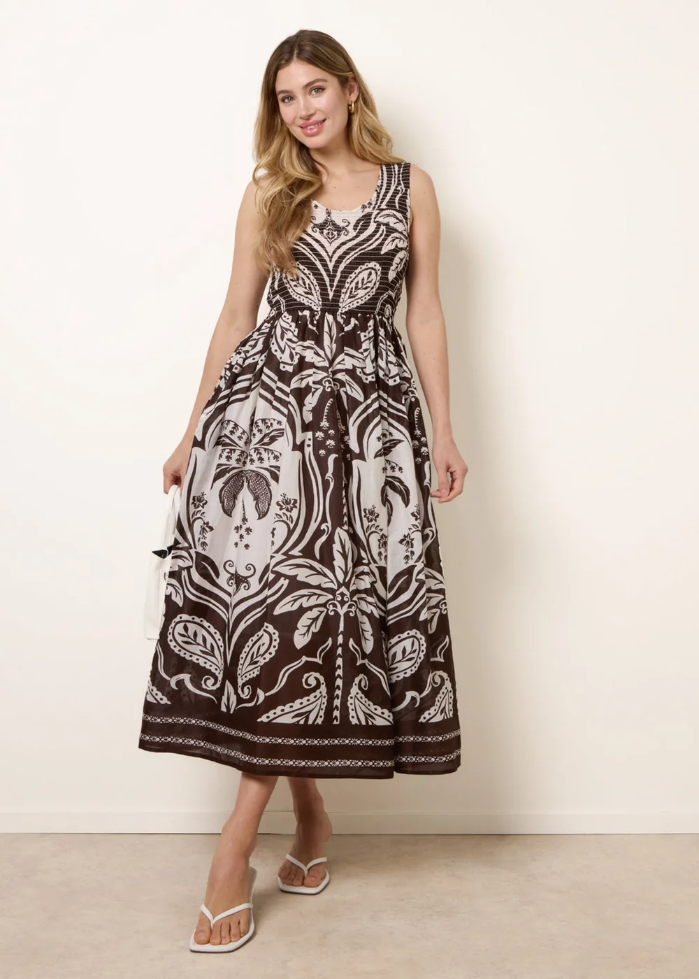 Blue Vanilla Brown Sleeveless Shirred Dress - S/M Image 2