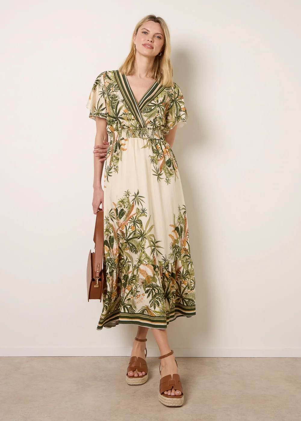 Blue Vanilla Green Tropical Print Wrap Front Dress - S Image 1