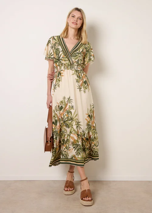 Blue Vanilla Green Tropical Print Wrap Front Dress - S Image 1