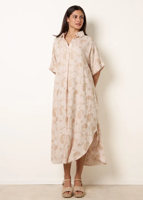 Blue Vanilla Beige Tunic Style Button Front Dress With Paisley Embroidery - One Size Image 2