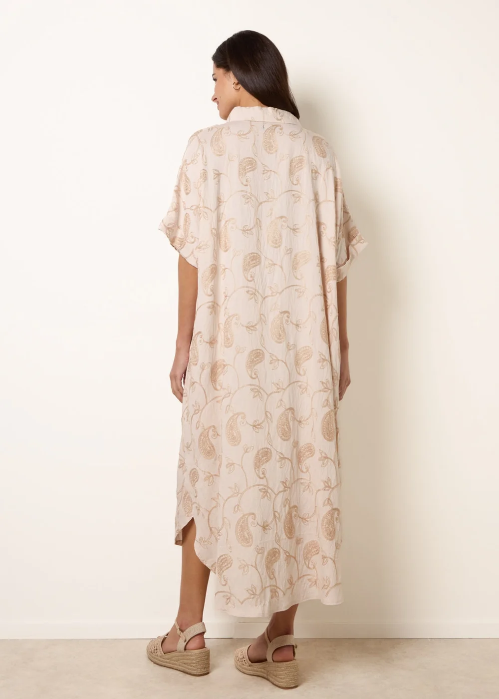 Blue Vanilla Beige Tunic Style Button Front Dress With Paisley Embroidery - One Size Image 4