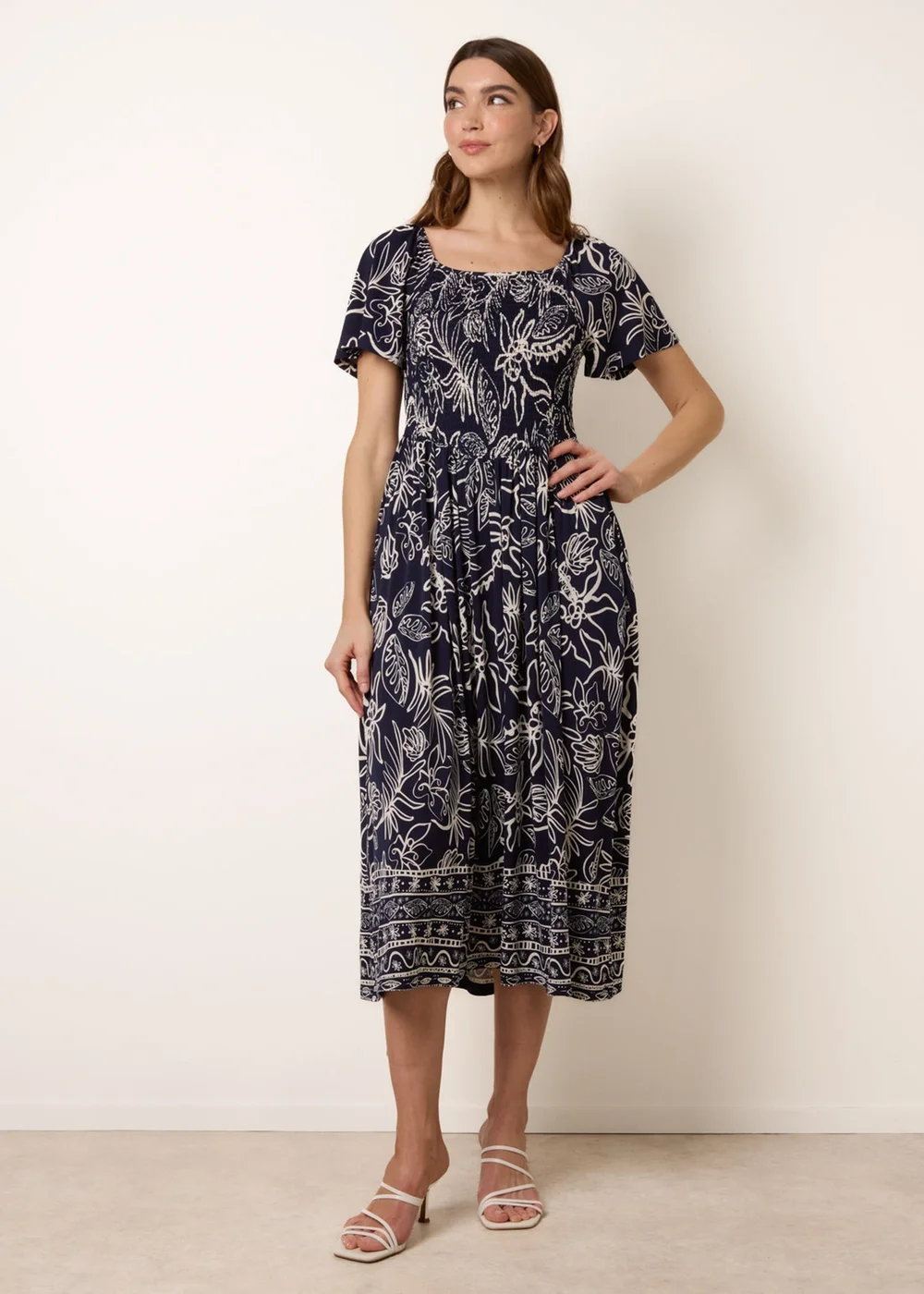Blue Vanilla Navy Shirred Drop Waist Midi Dress - L Image 1