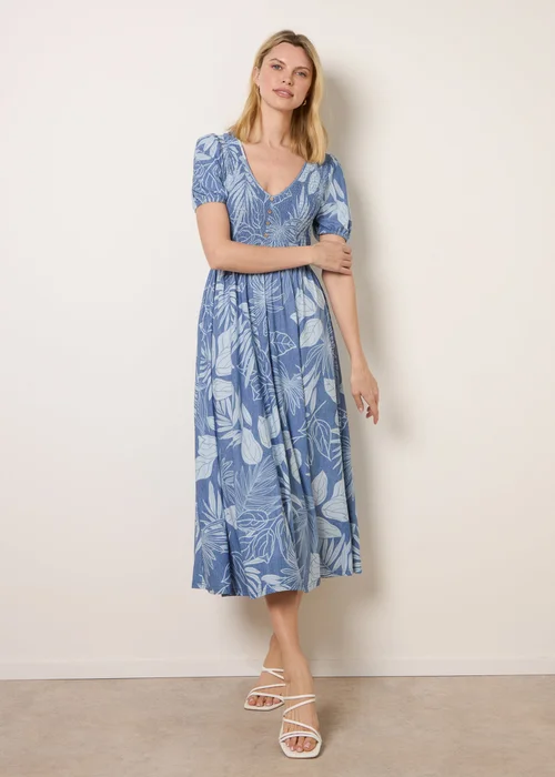 Blue Vanilla Blue Shirred Button V Neck Midi Dress - S Image 1
