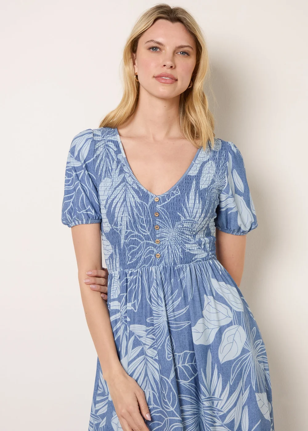 Blue Vanilla Blue Shirred Button V Neck Midi Dress - S Image 2