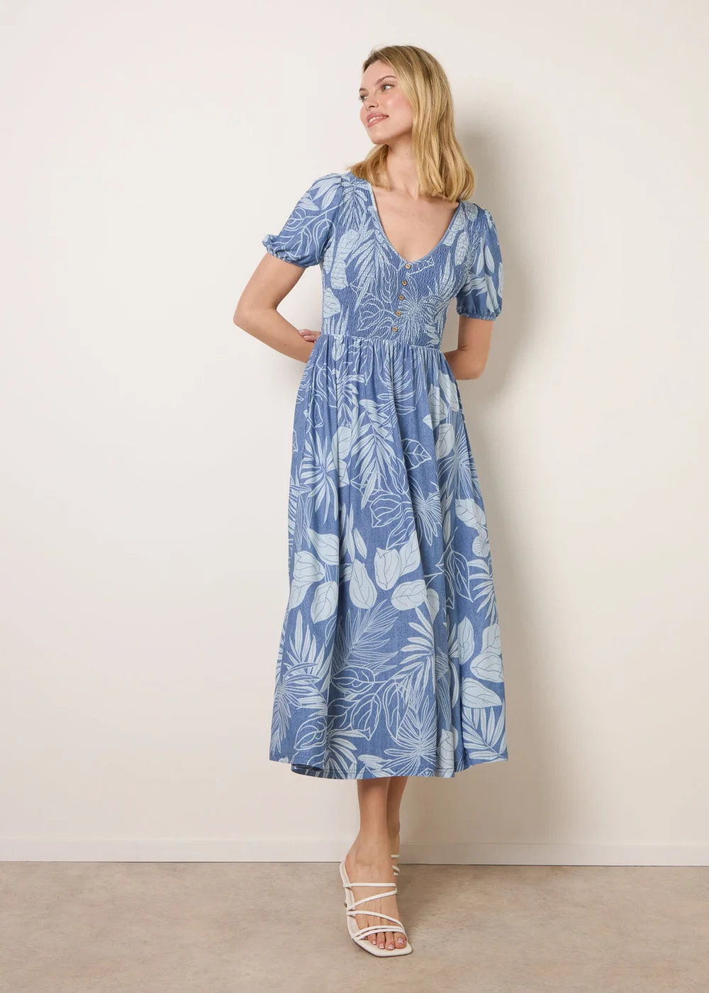 Blue Vanilla Blue Shirred Button V Neck Midi Dress - S Image 3