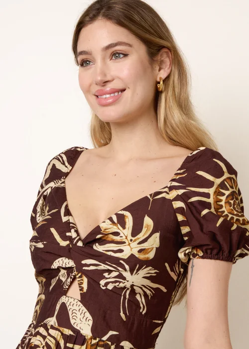 Blue Vanilla Brown Shell Knot Front Puff Sleeve Midi Dress - L Image 3