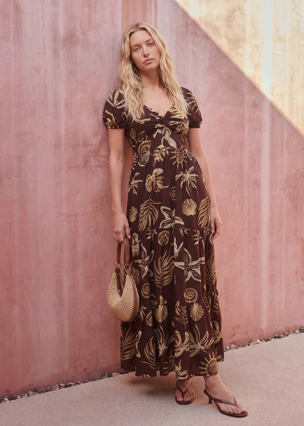 Blue Vanilla Brown Shell Knot Front Puff Sleeve Midi Dress - L Image 1