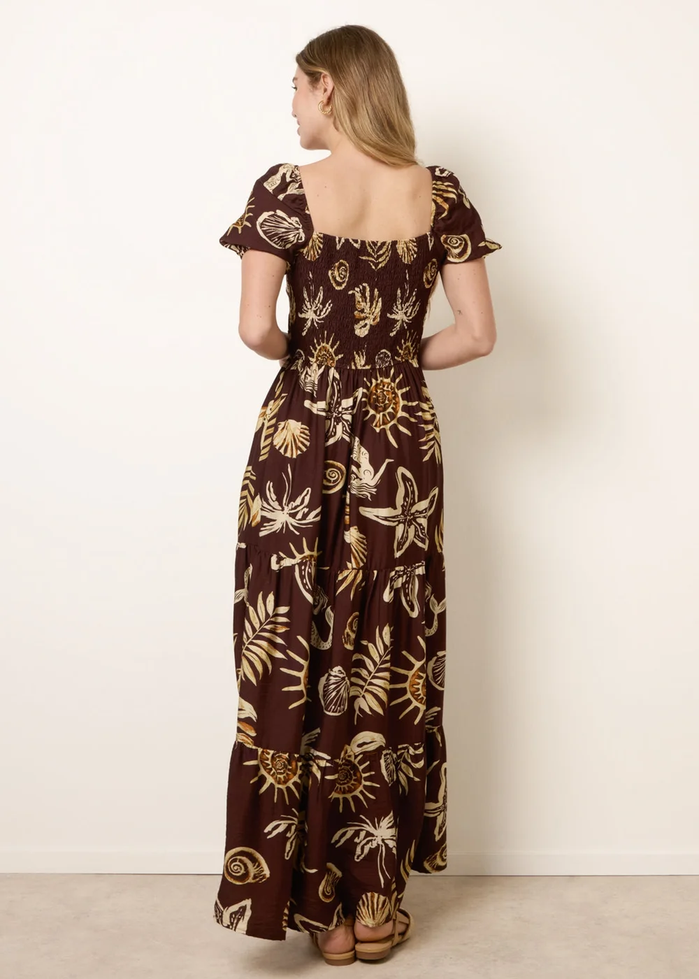 Blue Vanilla Brown Shell Knot Front Puff Sleeve Midi Dress - L Image 5