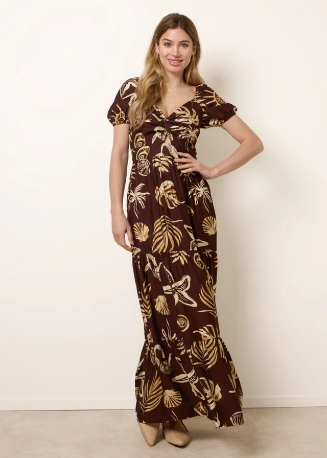Blue Vanilla Brown Shell Knot Front Puff Sleeve Midi Dress