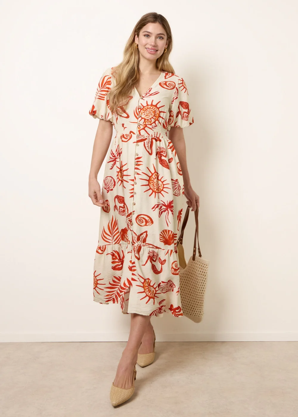 Blue Vanilla Orange Tropical Button Through Midi Dress - XL Image 3