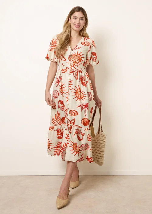 Blue Vanilla Orange Tropical Button Through Midi Dress - XL Image 3