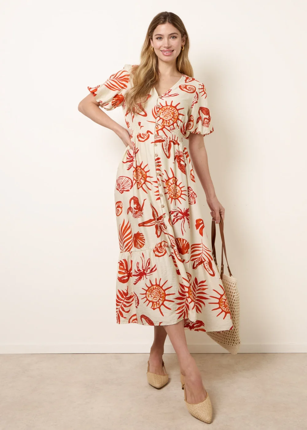 Blue Vanilla Orange Tropical Button Through Midi Dress - XL Image 1