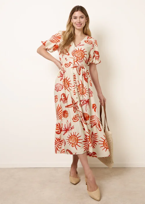 Blue Vanilla Orange Tropical Button Through Midi Dress - XL Image 1