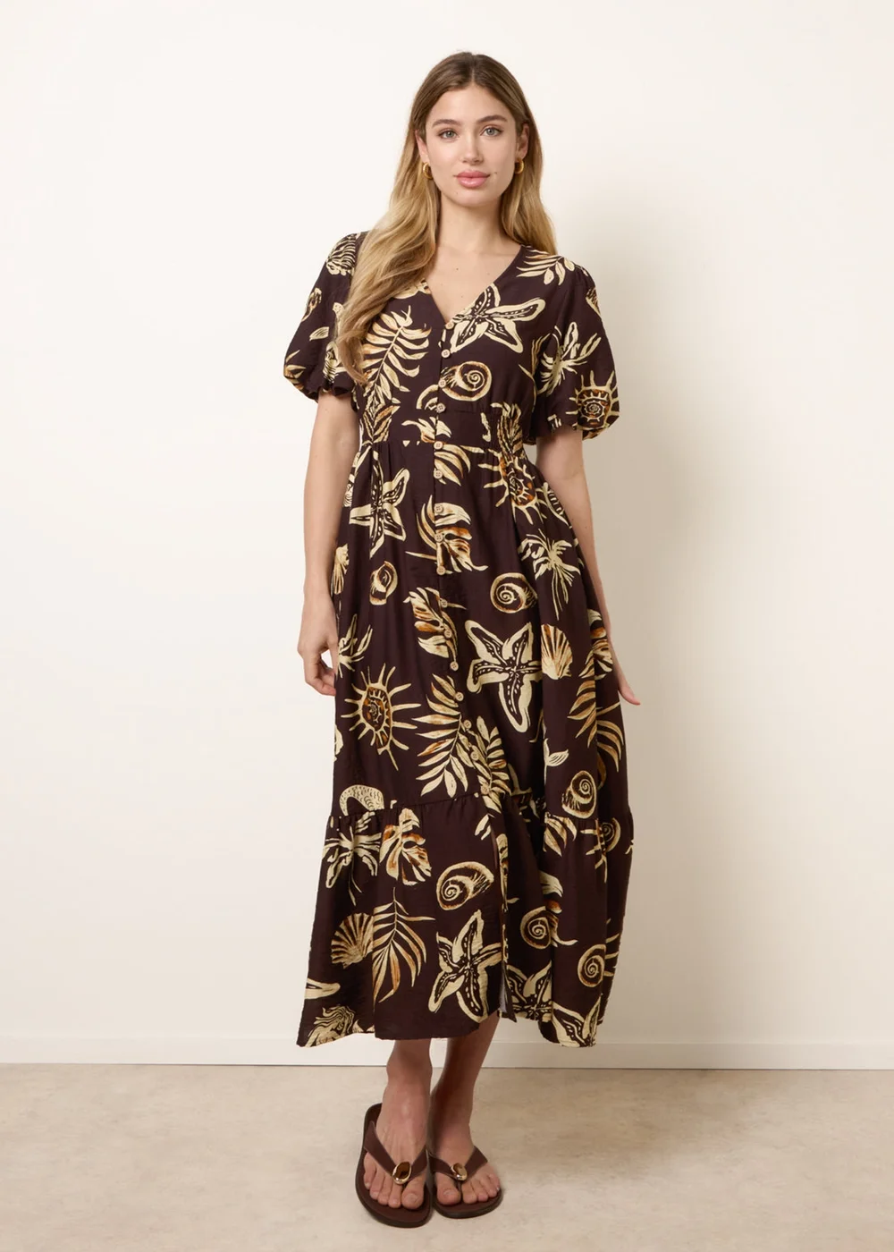 Blue Vanilla Brown Tropical Button Through Midi Dress - L Image 3