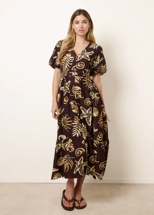 Blue Vanilla Brown Tropical Button Through Midi Dress - L Image 3