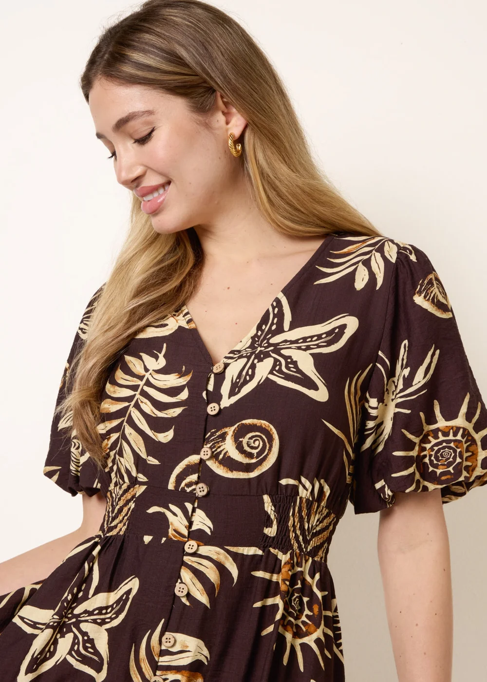 Blue Vanilla Brown Tropical Button Through Midi Dress - L Image 2