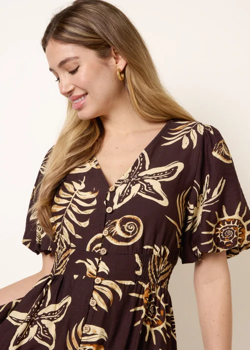 Blue Vanilla Brown Tropical Button Through Midi Dress - L Image 2