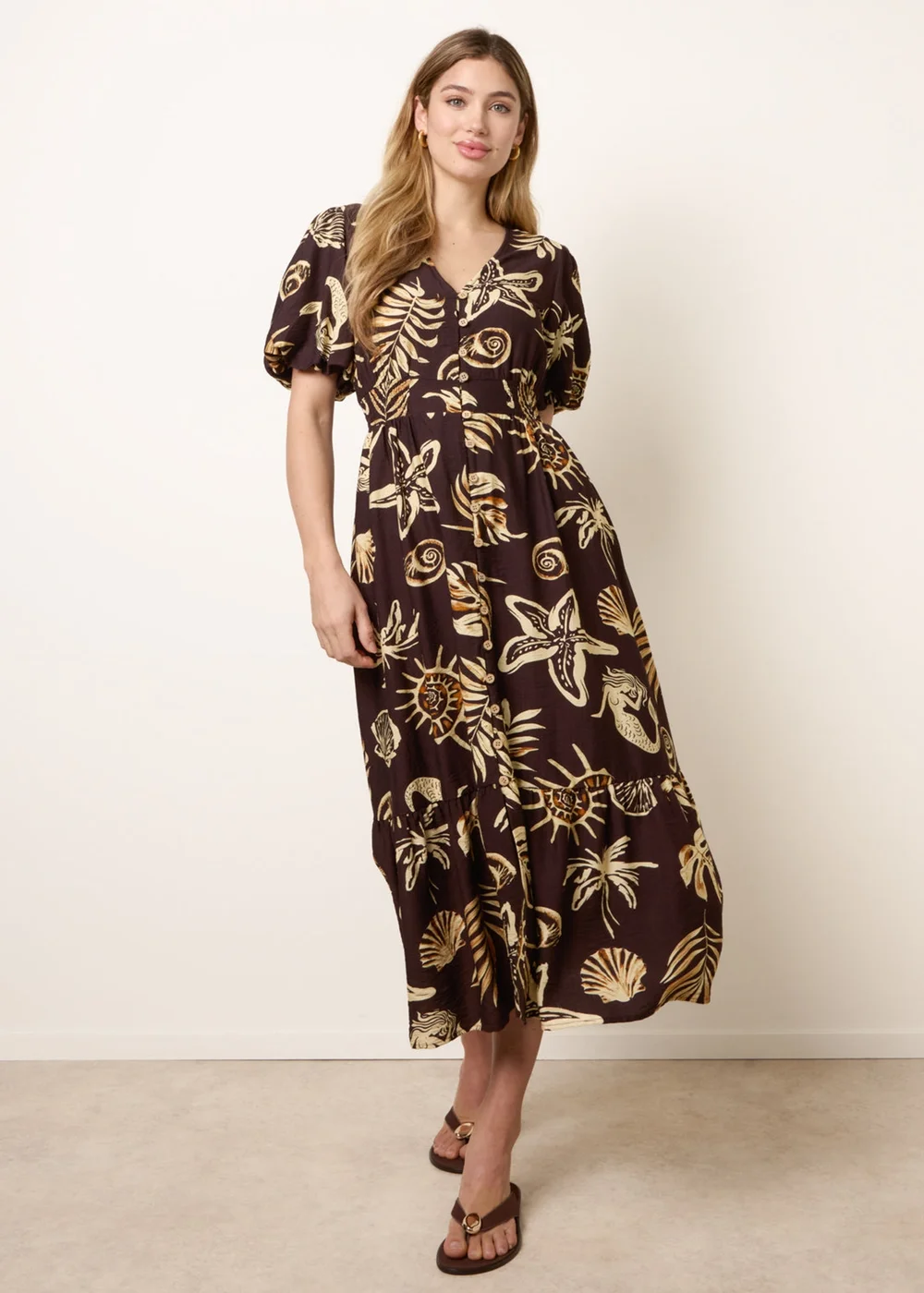 Blue Vanilla Brown Tropical Button Through Midi Dress - L Image 1