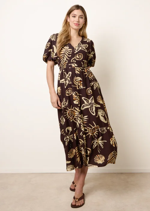 Blue Vanilla Brown Tropical Button Through Midi Dress - L Image 1