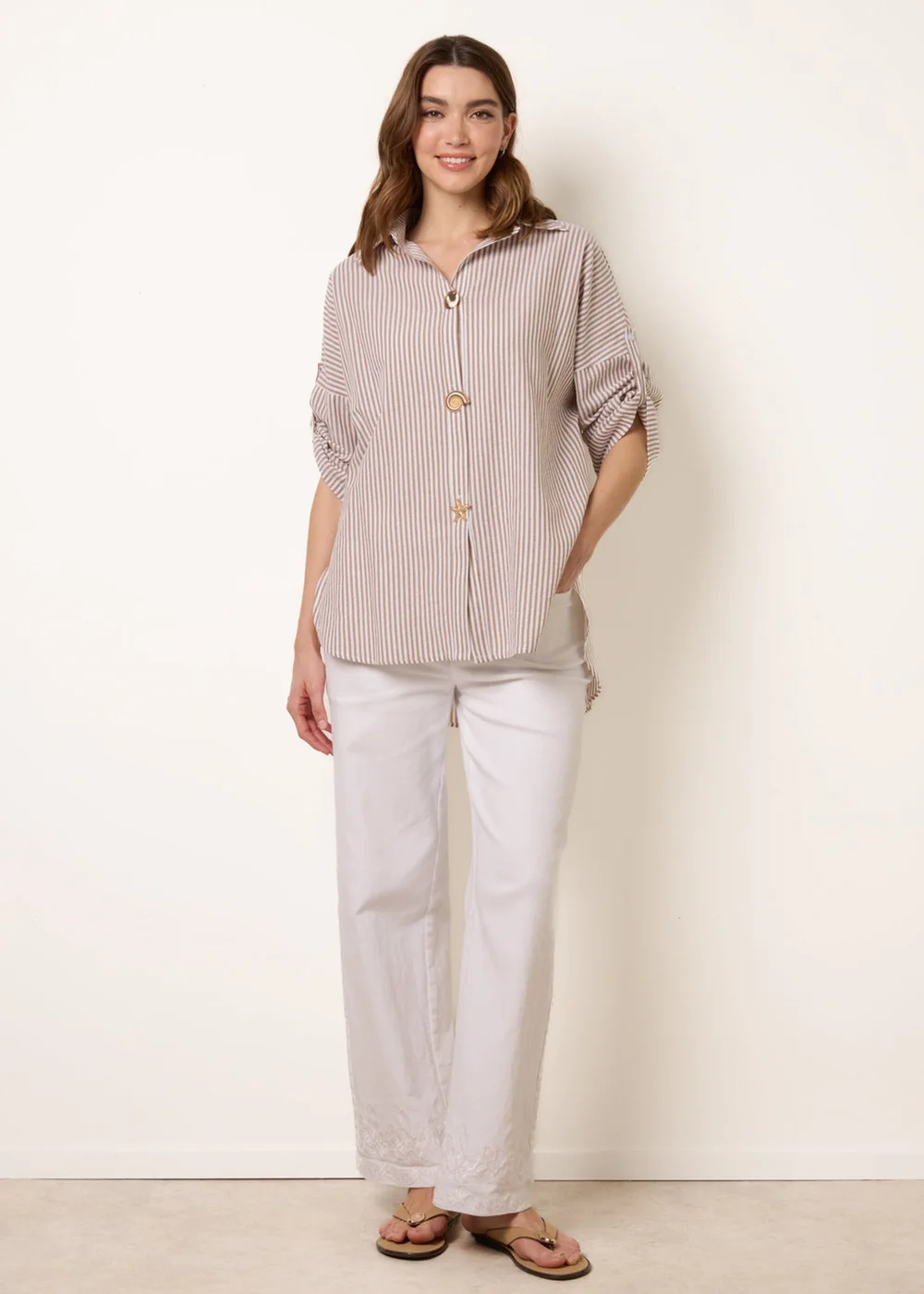 Blue Vanilla Taupe Gold Shell Button Front Stripe Shirt - M/L Image 2