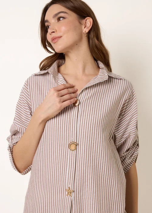 Blue Vanilla Taupe Gold Shell Button Front Stripe Shirt - M/L Image 3