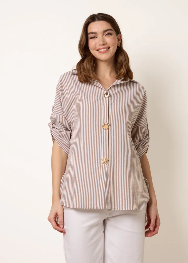 Blue Vanilla Taupe Gold Shell Button Front Stripe Shirt