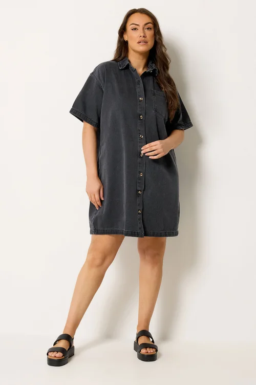 Yours Curve Black Washed Denim Shirt Dress - 22-24 Image 3