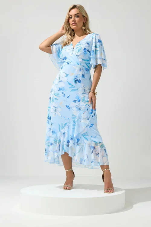 Yours London Curve Blue Floral Wrap Ruffle Hem Dress - 22 Image 1