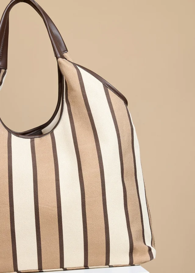 Little Mistress Camel & Cream Stripe Fabric Oversized Shopper Bag