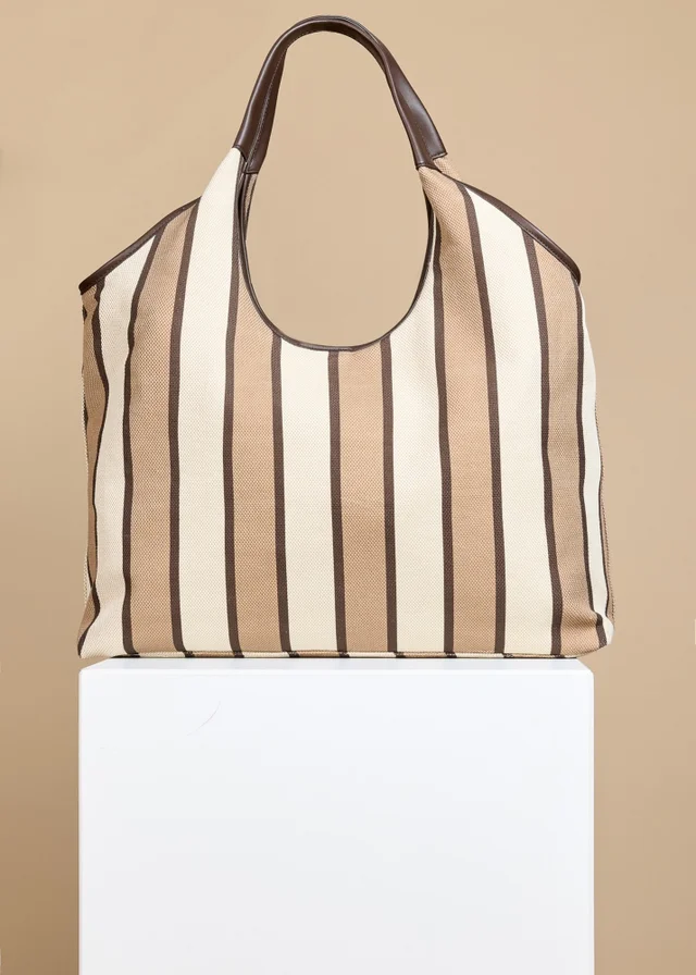 Little Mistress Camel & Cream Stripe Fabric Oversized Shopper Bag