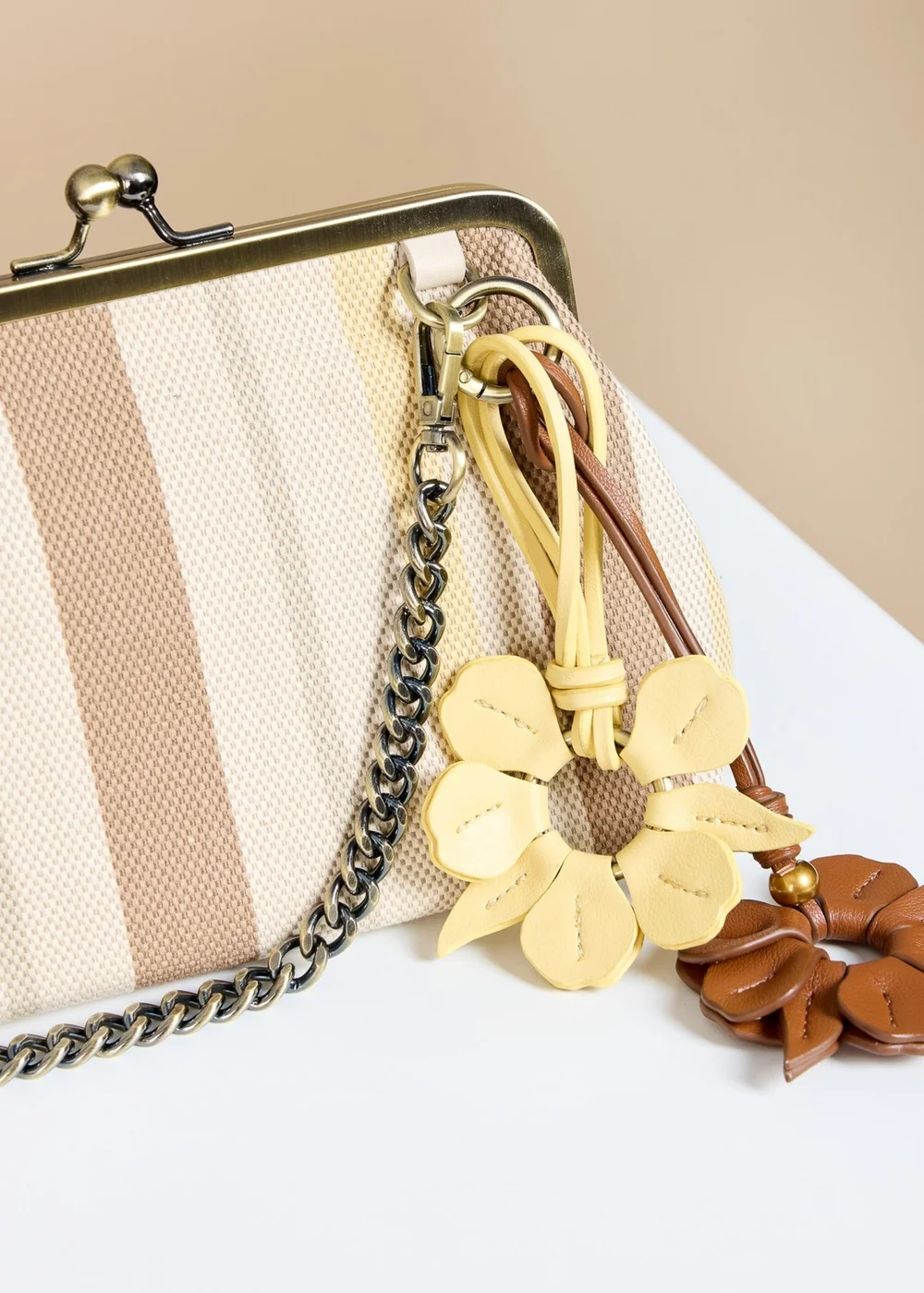 Little Mistress Mocha Lemon Stripe Metal Frame Shoulder Bag - One Size Image 2