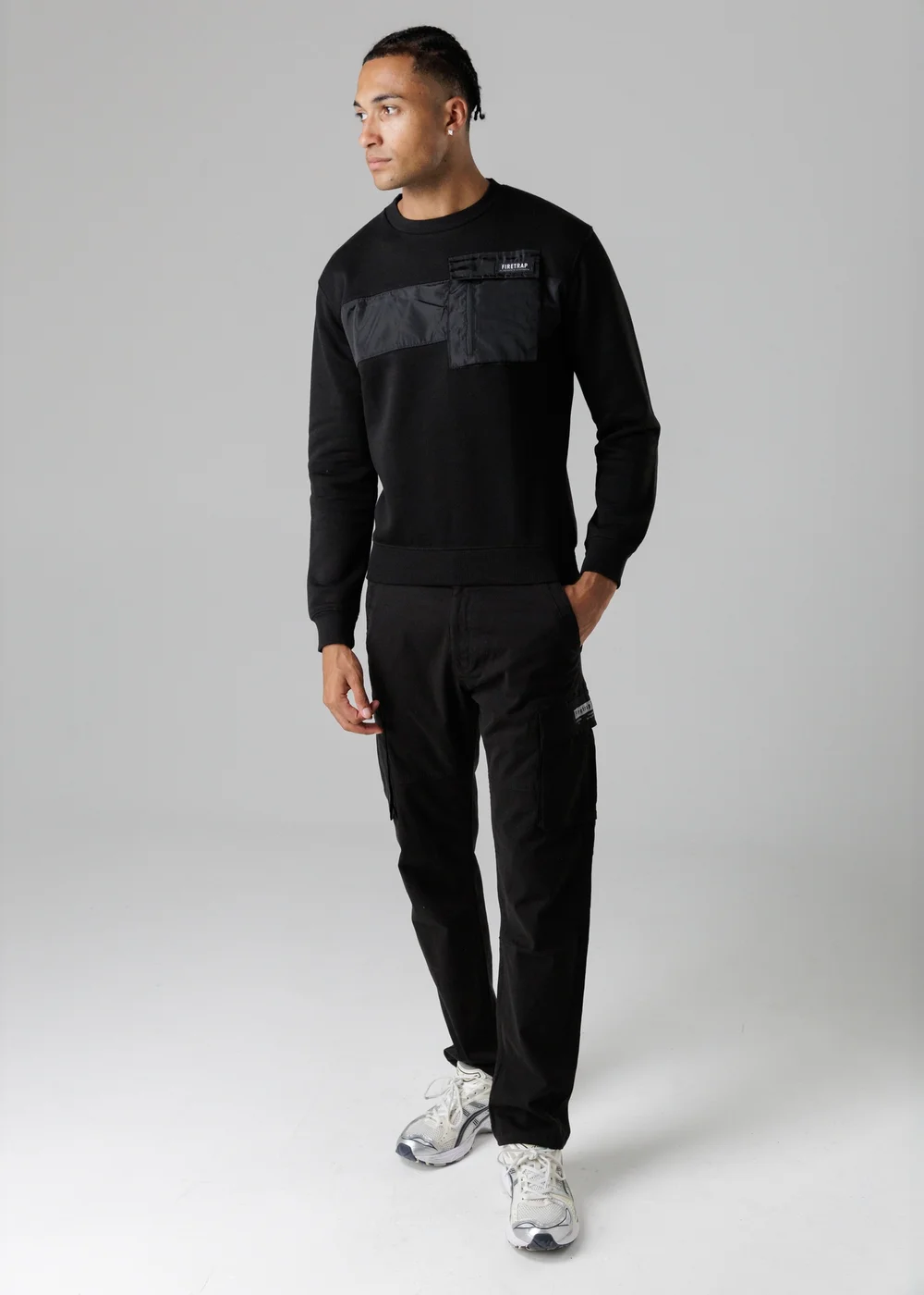 Firetrap Black Regular Fit Cotton Rich Crew Neck Sweatshirt With Chest Pocket - S Image 4