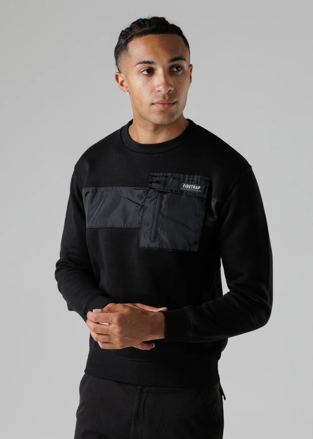 Firetrap Black Regular Fit Cotton Rich Crew Neck Sweatshirt With Chest Pocket - S Image 1
