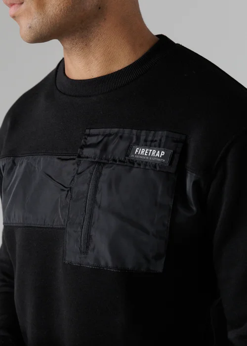 Firetrap Black Regular Fit Cotton Rich Crew Neck Sweatshirt With Chest Pocket - S Image 3