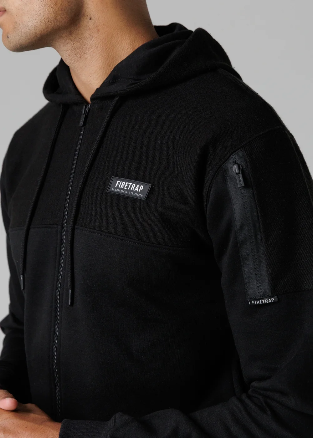 Firetrap Black Regular Fit Cotton Rich Zip Through Hoody With Sleeve Pocket - S Image 3