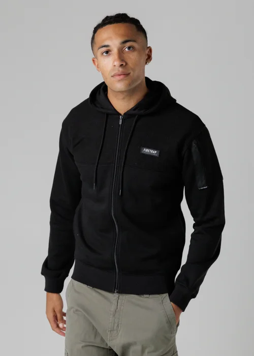 Firetrap Black Regular Fit Cotton Rich Zip Through Hoody With Sleeve Pocket - S Image 1
