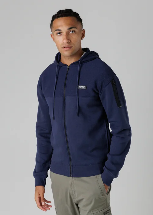 Firetrap Dark Blue Regular Fit Cotton Rich Zip Through Hoody With Sleeve Pocket - S Image 1