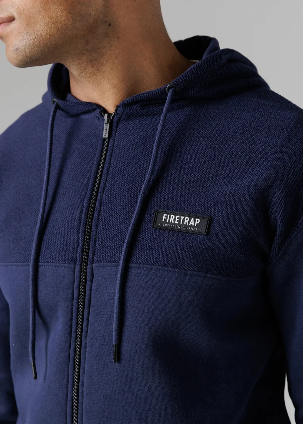 Firetrap Dark Blue Regular Fit Cotton Rich Zip Through Hoody With Sleeve Pocket - S Image 3